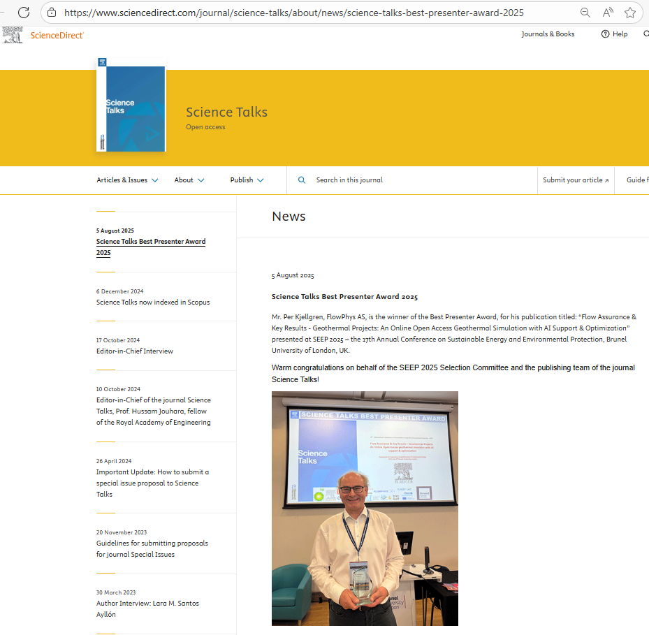 ScienceDirect page for the Science Talks Best Presenter Award 2025, dated 5 August 2025